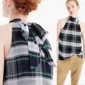 J. Crew Black White and Green Plaid Tie-Neck Halter Camisole